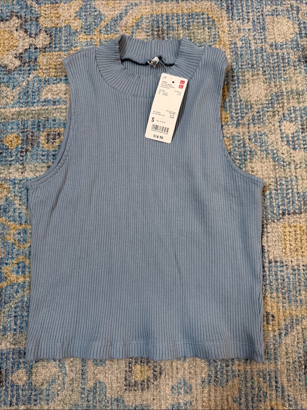 NWT UNIQLO Women Ribbed Sleeveless Mock Neck Top - Light Blue SIZE small